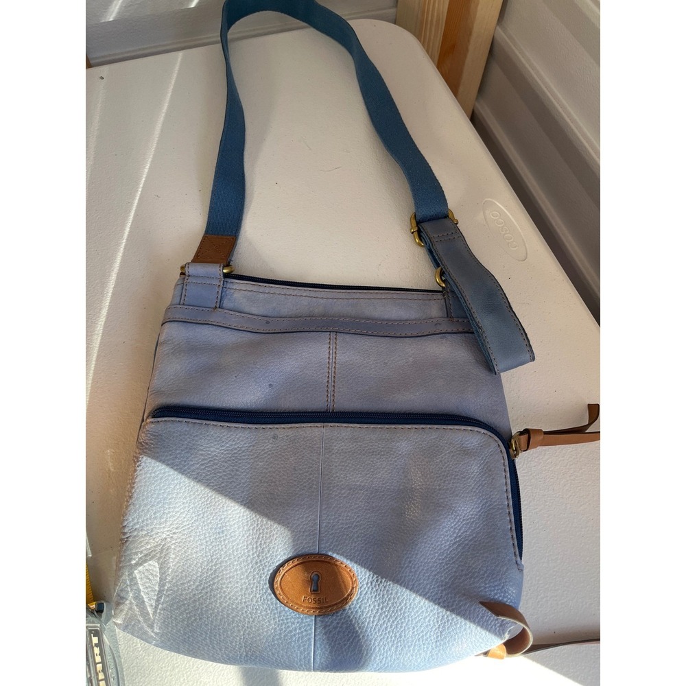Fossil Blue Leather Crossbody Bag Key Fob Accent Adjustable Strap
